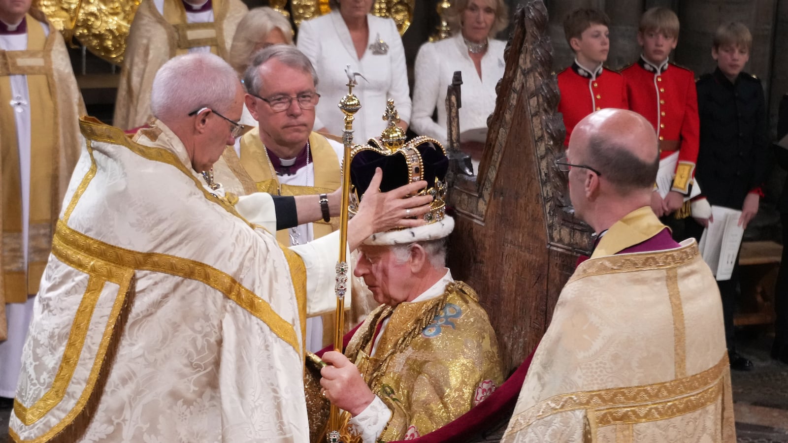 King Charles III is crowned by The Archbishop of Canterbury the Most Reverend Justin Welby.