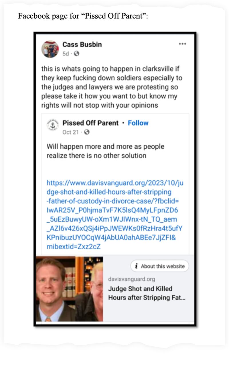 A snippet from the complaint against Cassidy Busbin showing a Facebook post he made, allegedly suggesting that local judges should be shot and killed.