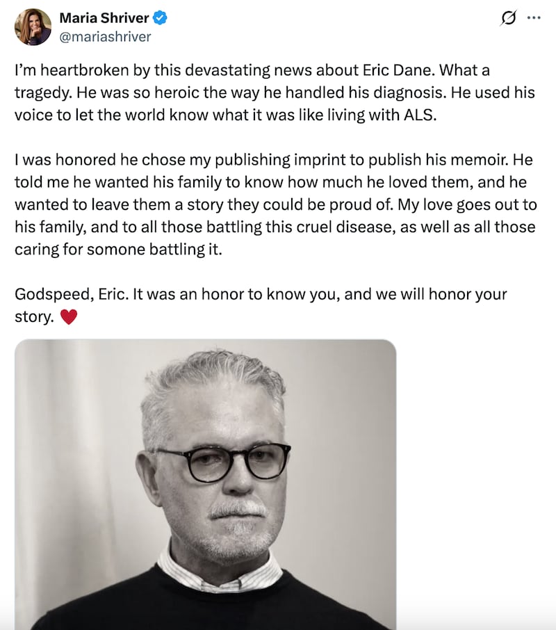 Maria Shriver's tribute to Eric Dane on X.