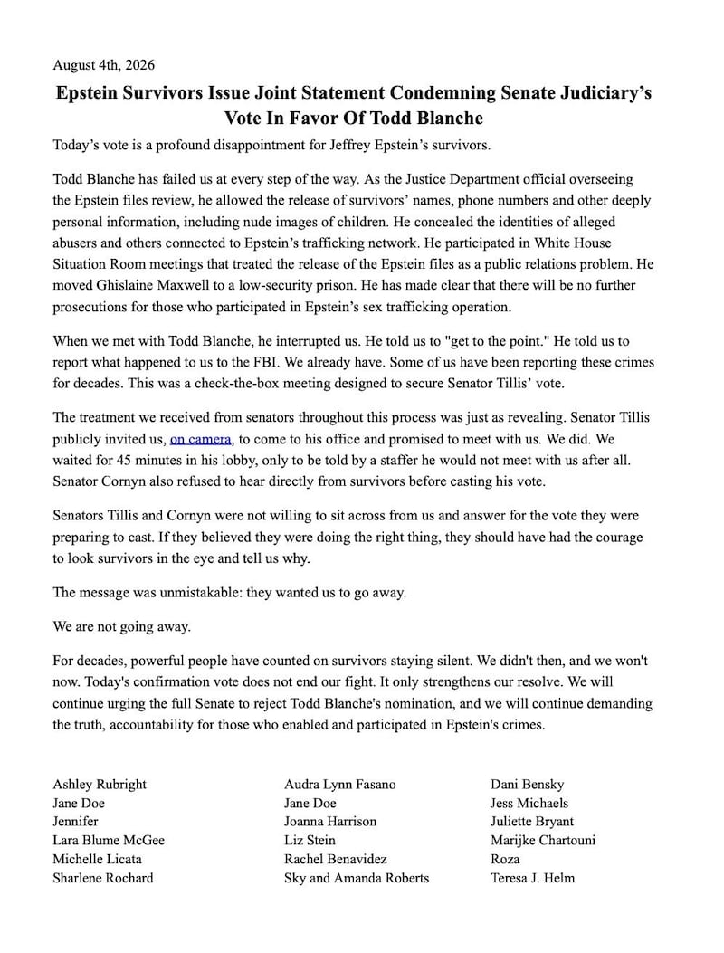 Epstein survivors hit out at Tillis and Cornyn over Blanche's vote.