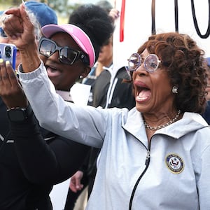 WESTWOOD, CA, MARCH 22, 2025: Congresswoman Maxine Waters, center, participates in a peaceful march in Westwood in one of the largest protests in Los Angeles since Trump took office almost two months ago, on Saturday, March 22, 2025. (Christina House / Los Angeles Times via Getty Images)