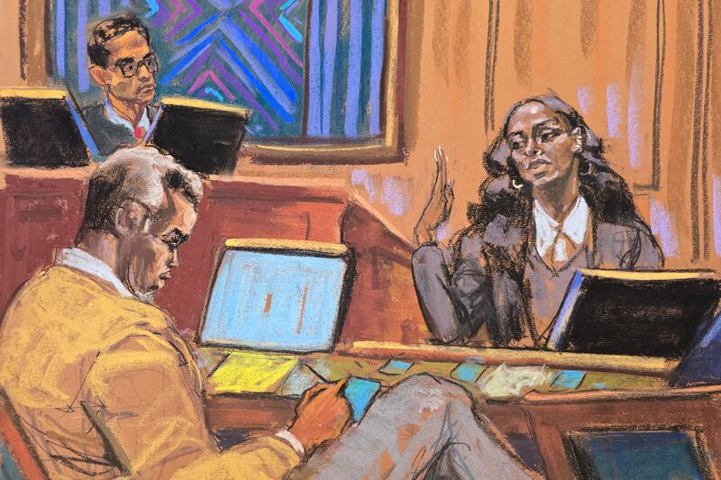 Singer Dawn Richard testifies about seeing Sean "Diddy" Combs strike his then-girlfriend Casandra "Cassie" Ventura, before U.S. District Judge Arun Subramanian at Combs' sex trafficking trial in New York City, New York, U.S., May 19, 2025 in this courtroom sketch.