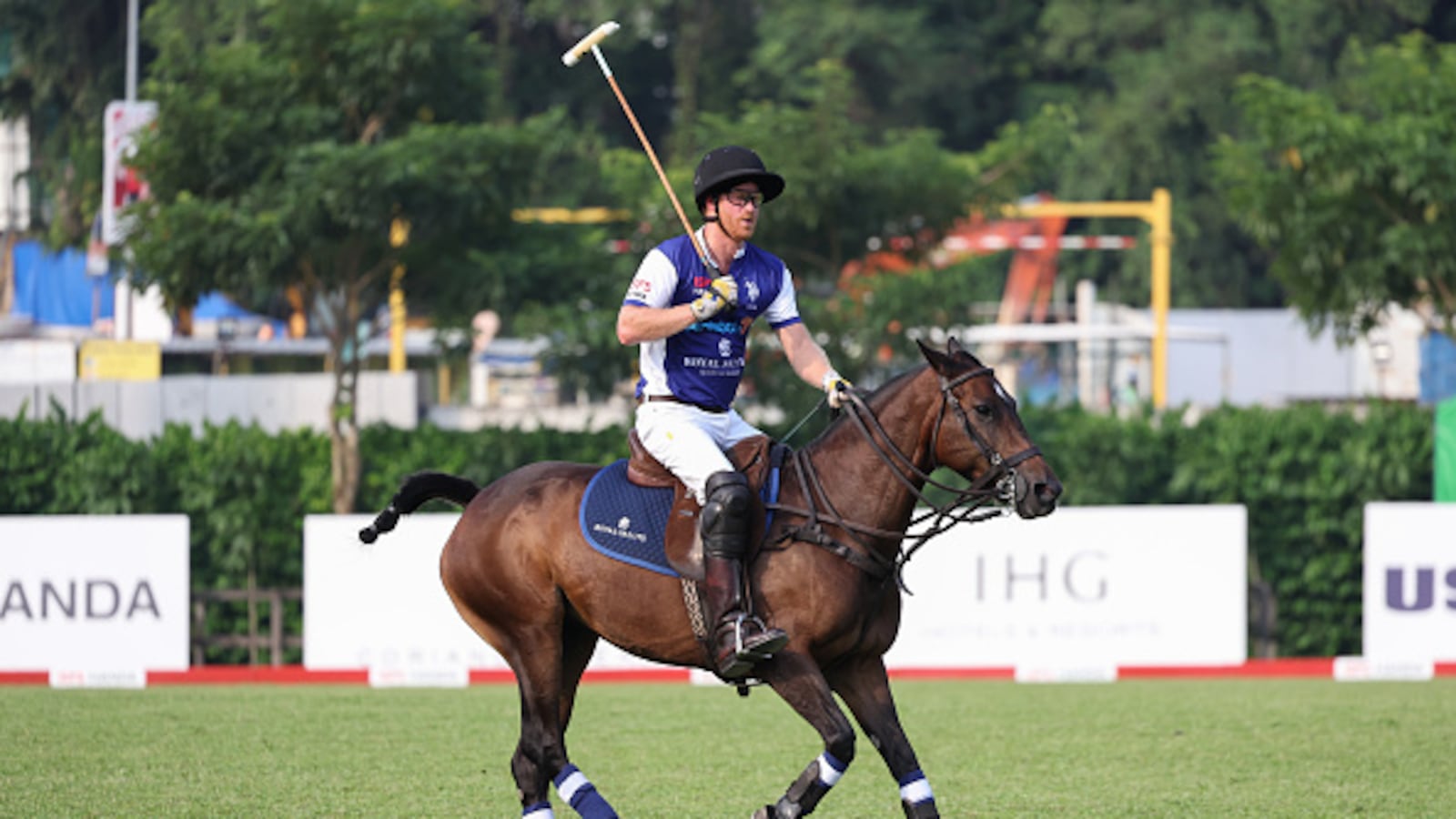 Prince Harry, The Duke of Sussex, Co-Founding Patron of Sentebale plays polo during the Sentebale ISPS Handa Polo Cup on August 12, 2023 in Singapore.