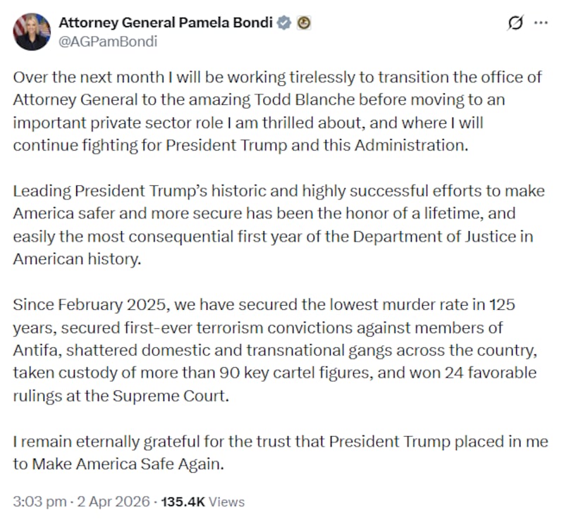 Pam Bondi issued a statement on X after her firing.
