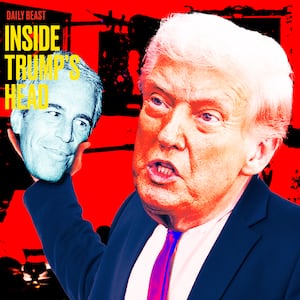 A photo illustration of Donald Trump holding Jeffrey Epstein's head like Hamlet.