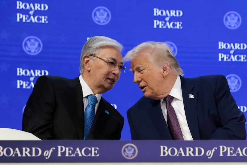 Trump meets with Kazakhstan President Kassym-Jomart Tokayev at Trump's Board of Peace initiative in January. The Kazakh mining deal was signed in November.