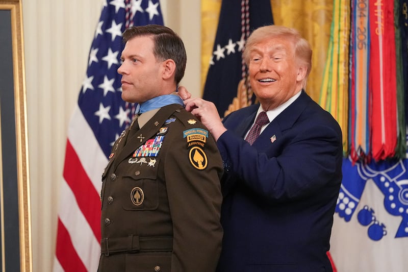 U.S. President Donald Trump awards retired U.S. Army Major Nicholas Dockery the Medal of Honor during a ceremony at the White House in Washington, D.C., U.S., June 18, 2026.