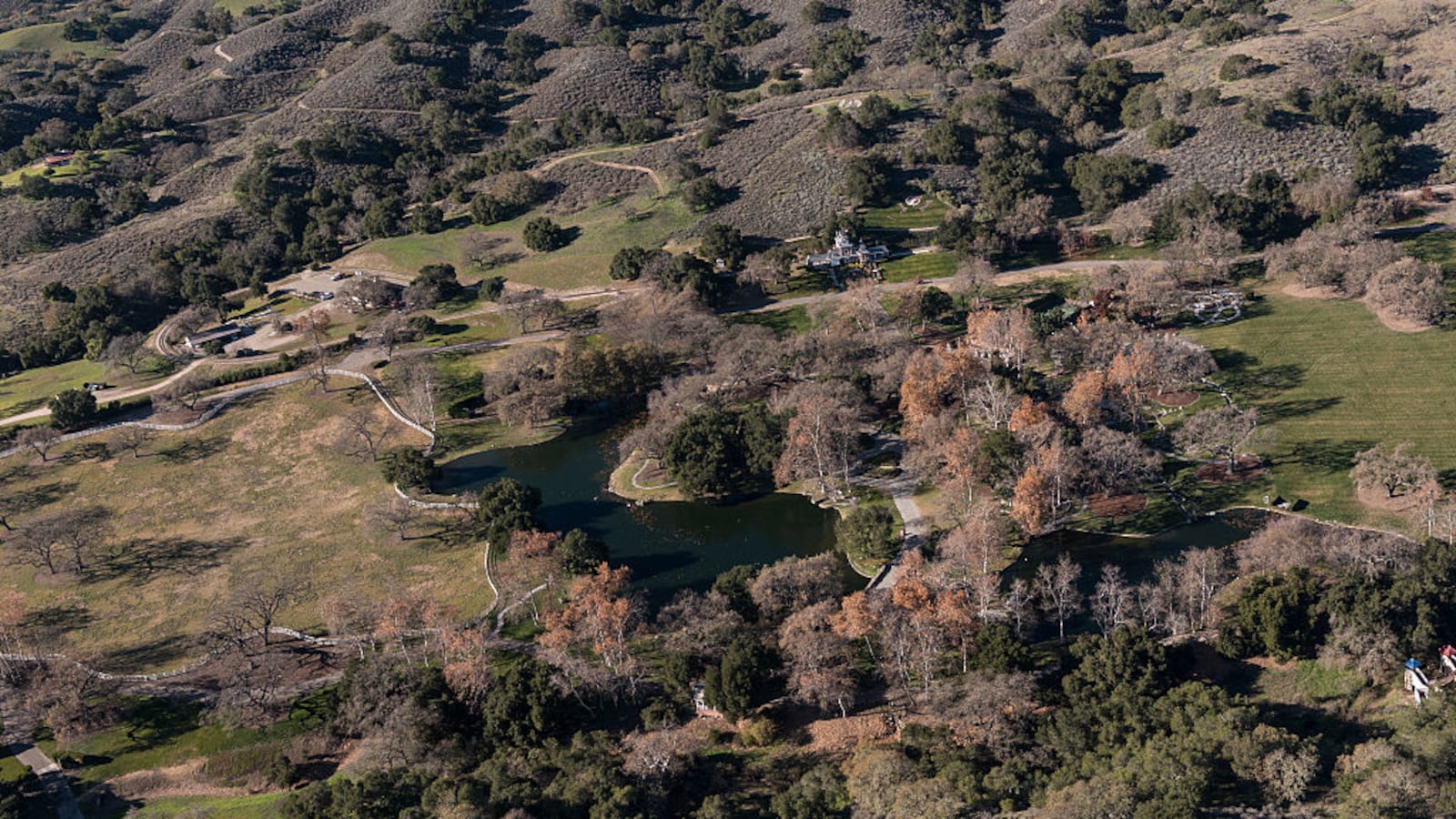 An aerial view of Neverland Ranch, once the home of famed singer Michael Jackson, in the Santa Ynez Valley of Santa Barbara County, California.