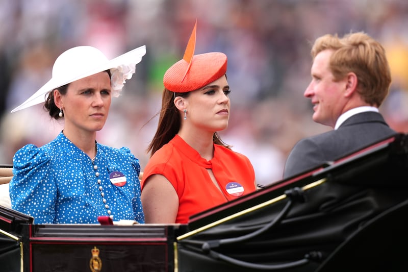 Princess Eugenie (center) with Mr and Mrs. Ed Walker arrive by royal carriage during day five of Royal Ascot at Ascot Racecourse, Berkshire. Picture date: Saturday June 21, 2025.