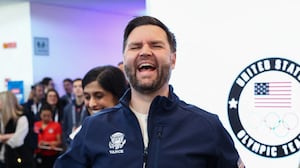 US Vice President JD Vance (C) reacts at the Team USA Welcome Experience ahead of the Milano Cortina 2026 Winter Olympic Games.