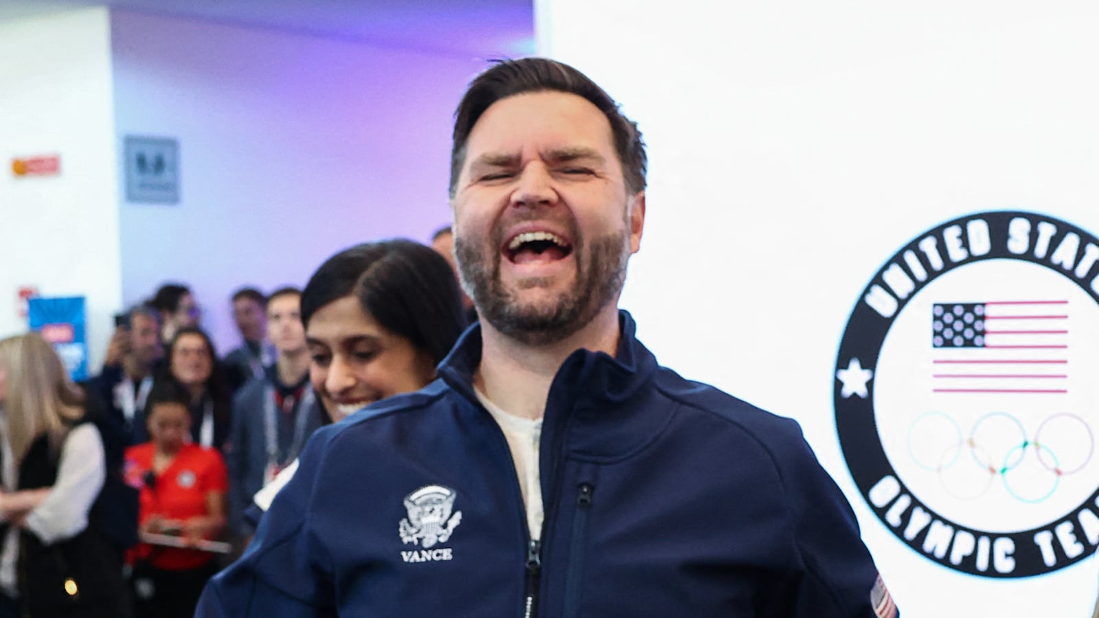 US Vice President JD Vance (C) reacts at the Team USA Welcome Experience ahead of the Milano Cortina 2026 Winter Olympic Games.