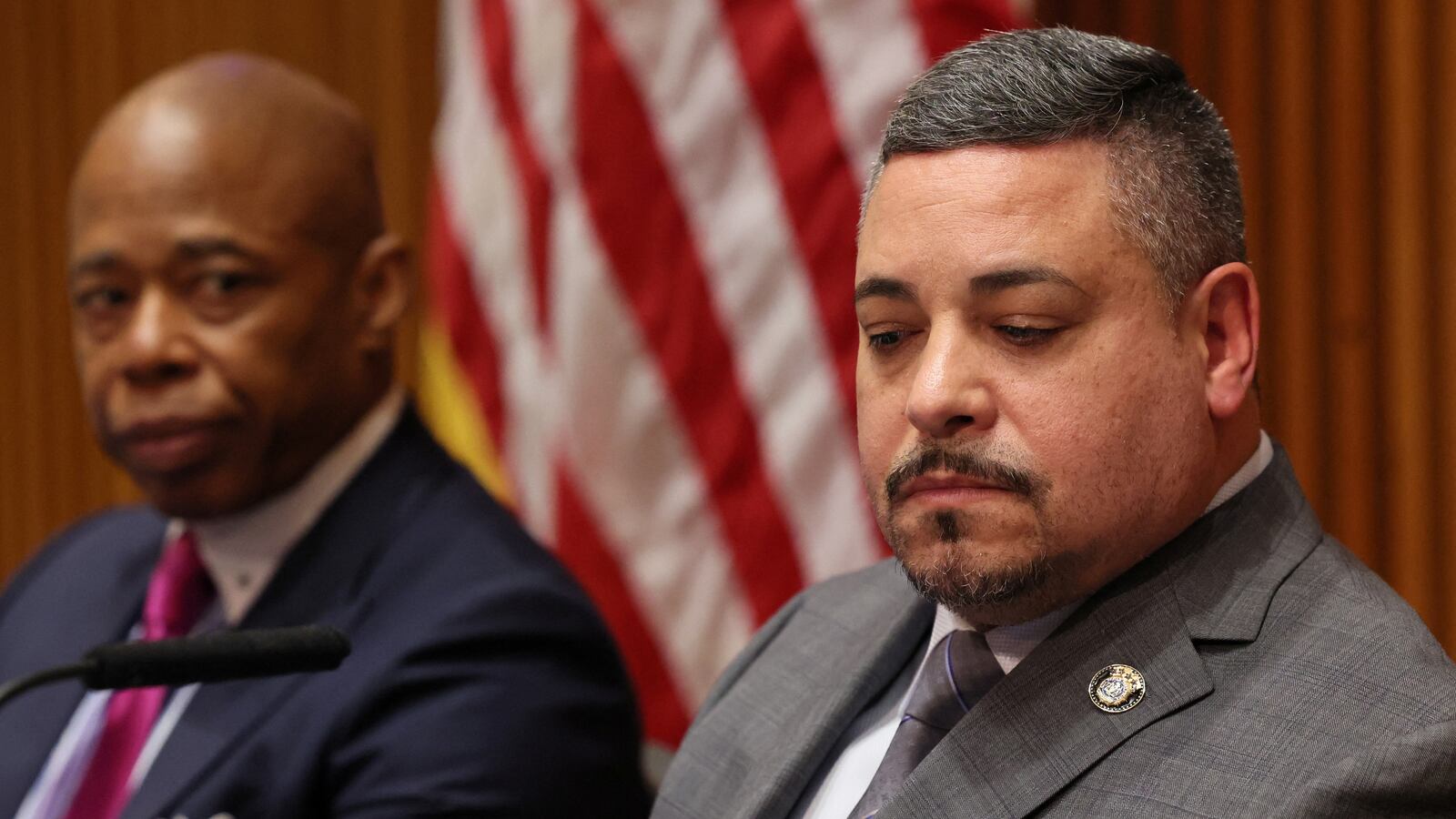 Mayor Eric Adams and New York City Police Commissioner Edward Caban attend a news conference at 1 Police Plaza in New York City.
