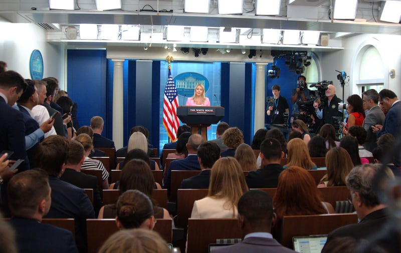 White House Press Secretary Karoline Leavitt speaks during a press conference at the White House in Washington, D.C., the United States, on July 16, 2026. The White House said on Thursday that talks between the United States and Iran were ongoing despite the renewed hostilities. "We're talking to them. But again, the President is not going to allow them to fire on ships in the strait without paying a consequence for that," Leavitt told reporters at a press conference. The United States launched another round of strikes against Iran on Thursday, the U.S. Central Command said in a statement. (Photo by Li Yuanqing/Xinhua via Getty Images)