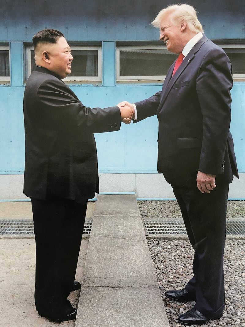 North Korean leader Kim Jong Un and U.S. President Donald Trump meet on June 30, 2019, at the Demilitarized Zone (DMZ) in Panmunjom, South Korea.