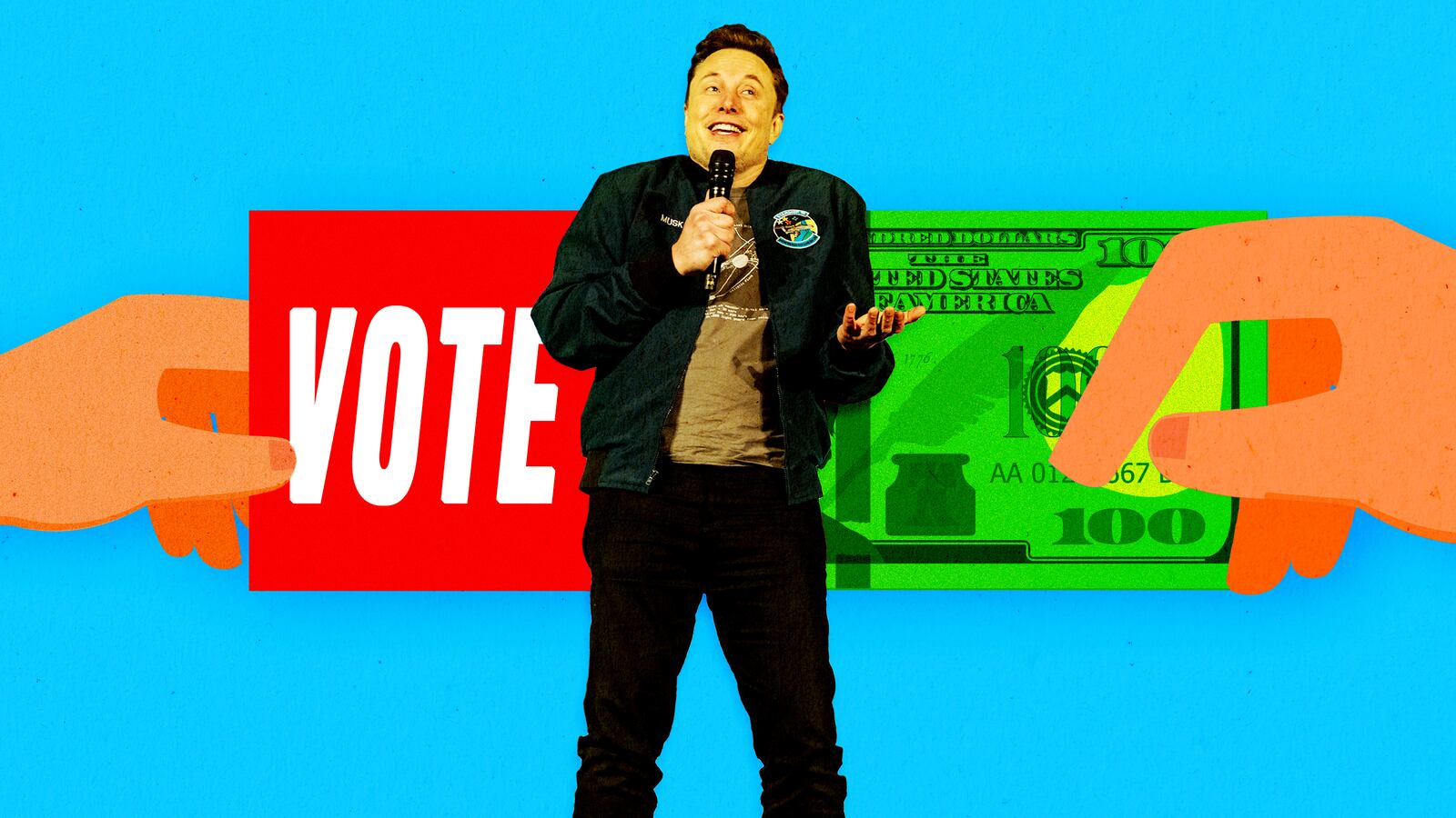 A photo illustration of Elon Musk, and giving money for votes.