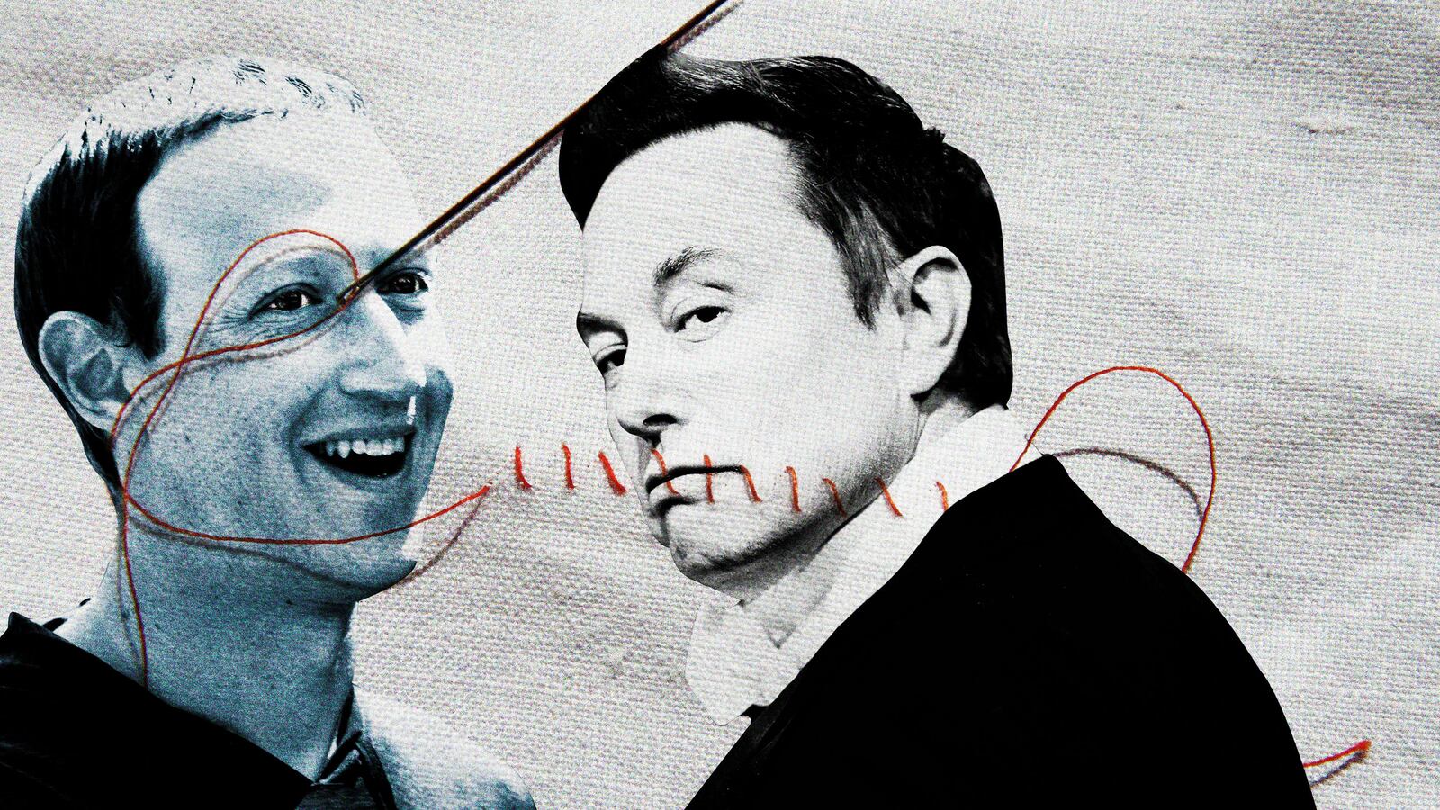 An illustration including images of Mark Zuckerberg and Elon Musk and a stock images of Threads.