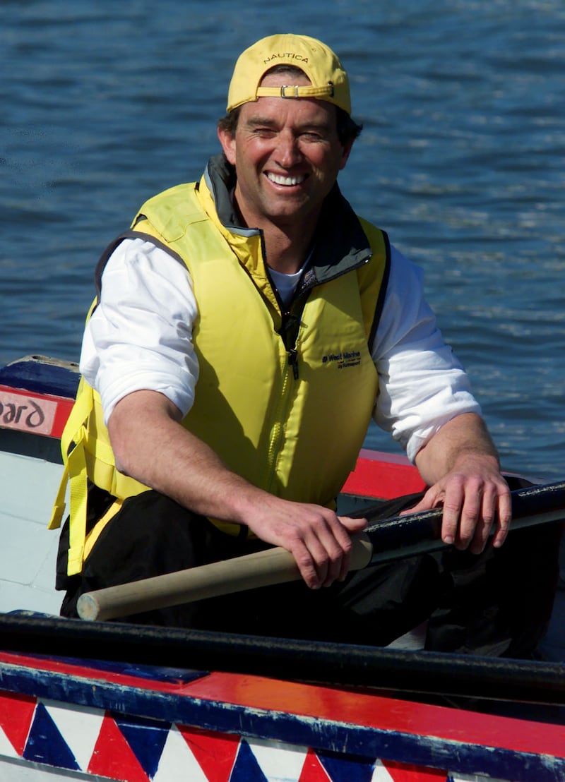 Robert F. Kennedy Jr.  sits in a 25 foot Whitehall rowing gig on New York's Hudson River April 4, 2001. Kennedy was taking part in the Nautica-Riverkeeper Challenge, a rowing race to support the Riverkeeper's efforts to restore the Hudson River and save New York City's drinking water supply. Kennedy, an environmental lawyer, is a co-founder and President of the Riverkeeper.
