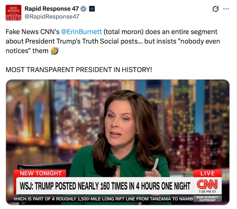 The White House post about Erin Burnett.