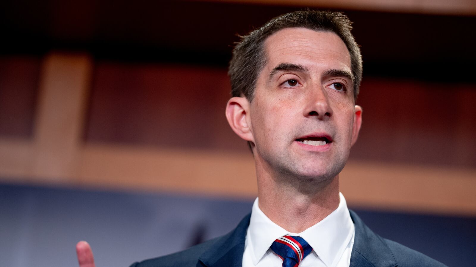 WASHINGTON, DC - MAY 1: Sen. Tom Cotton (R-AR) speaks during a news conference on Capitol Hill on May 1, 2024 in Washington, DC. Republican Senators joined Cotton to denounce pro-Palestinian protests on college campuses and called on school administrations around the country to act against anti-semitism. (Photo by Andrew Harnik/Getty Images)