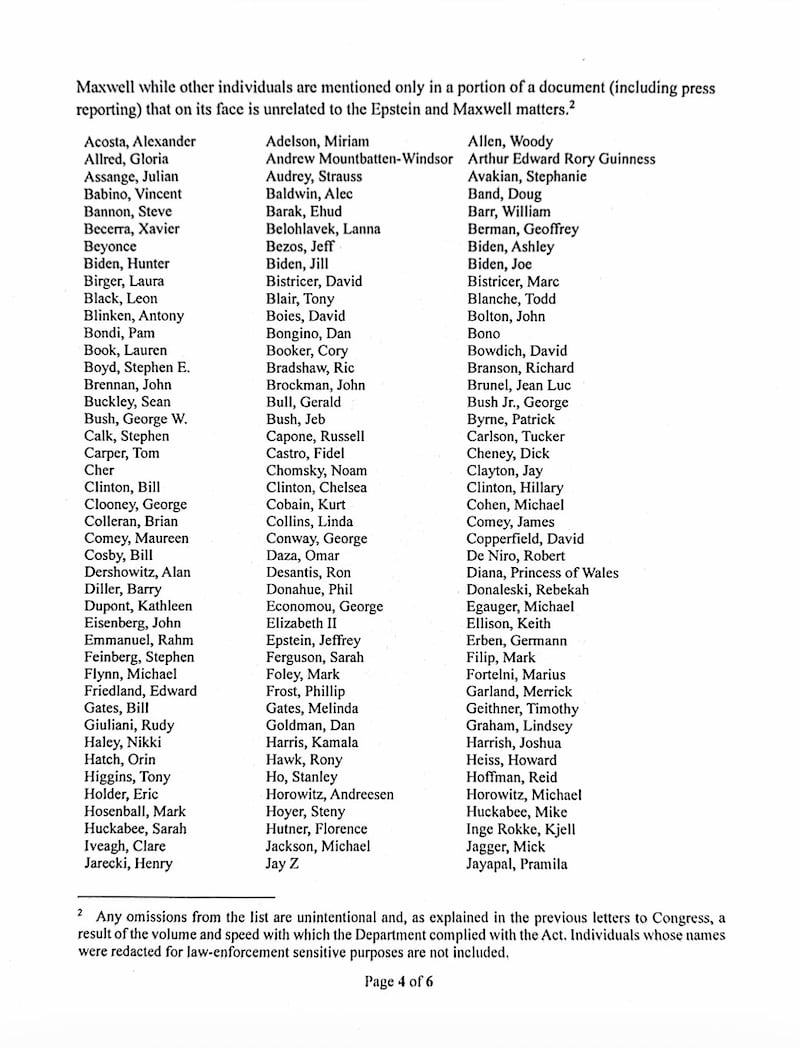 Page one of the list of "politcally exposed persons" released by the DOJ.