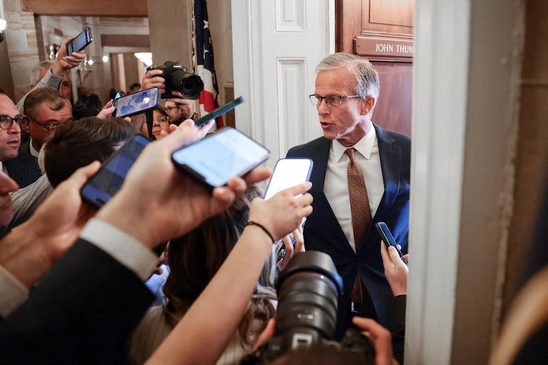 U.S. Senate Majority Leader John Thune (R-SD) speaks to reporters on Capitol Hill in Washington, D.C., U.S., July 13, 2026.
