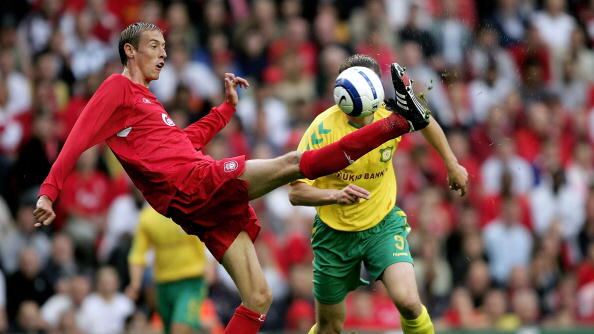 LIVERPOOL, ENGLAND - AUGUST 2: Peter Crouch of Liverpool attempts an overhead shot at goal during the Champions League second qualifying round, second leg match between Liverpool and FBK Kaunas at Anfield on August 2, 2005 in Liverpool, England. (Photo by Clive Brunskill/Getty Images)