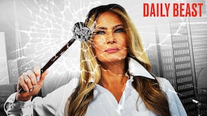 Melania Trump breaking glass with a gavel