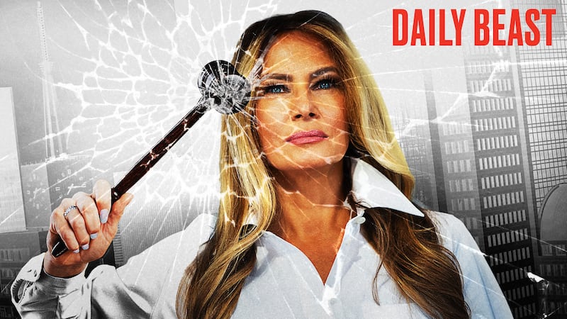 Melania Trump breaking glass with a gavel