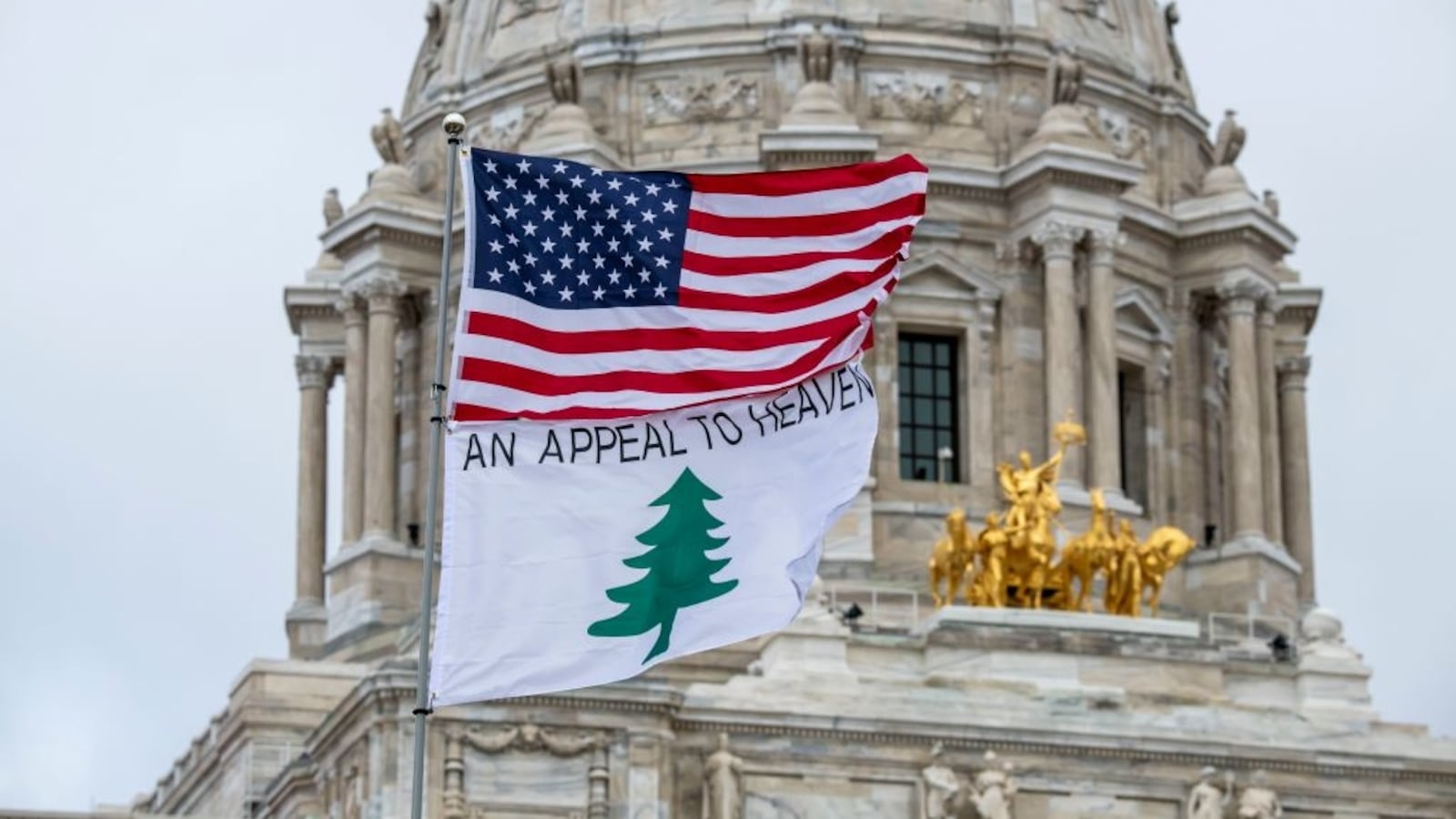 An “Appeal to Heaven” sign at a pro-Trump rally for president Trump at the Capitol.