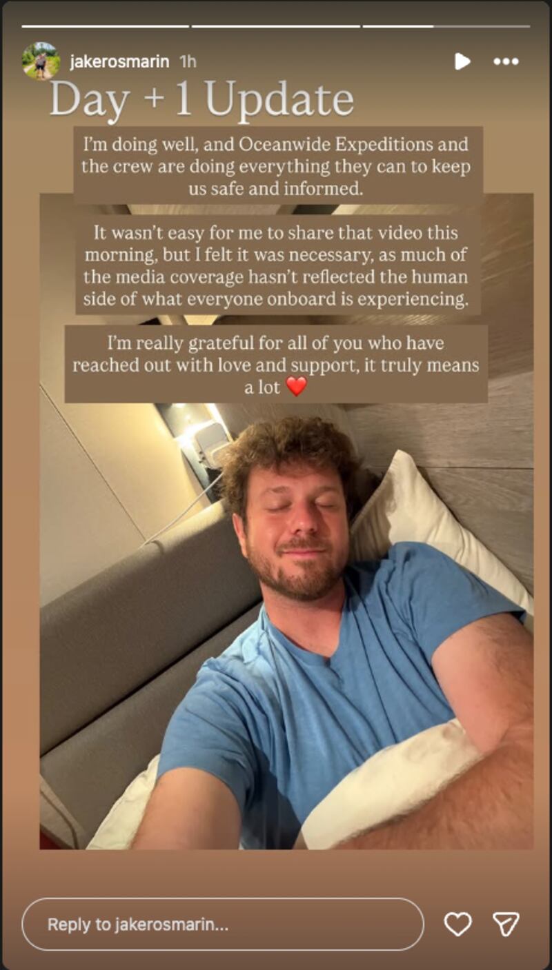 Travel blogger Jake Rosmarin posted an update to his Instagram story from the MV Hondius.
