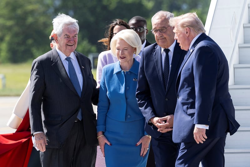 Gingrich, his wife, U.S. Ambassador to Switzerland Callista Gingrich, and Swiss Federal President Guy Parmelin welcome Trump to Geneva before the G7 summit in June.