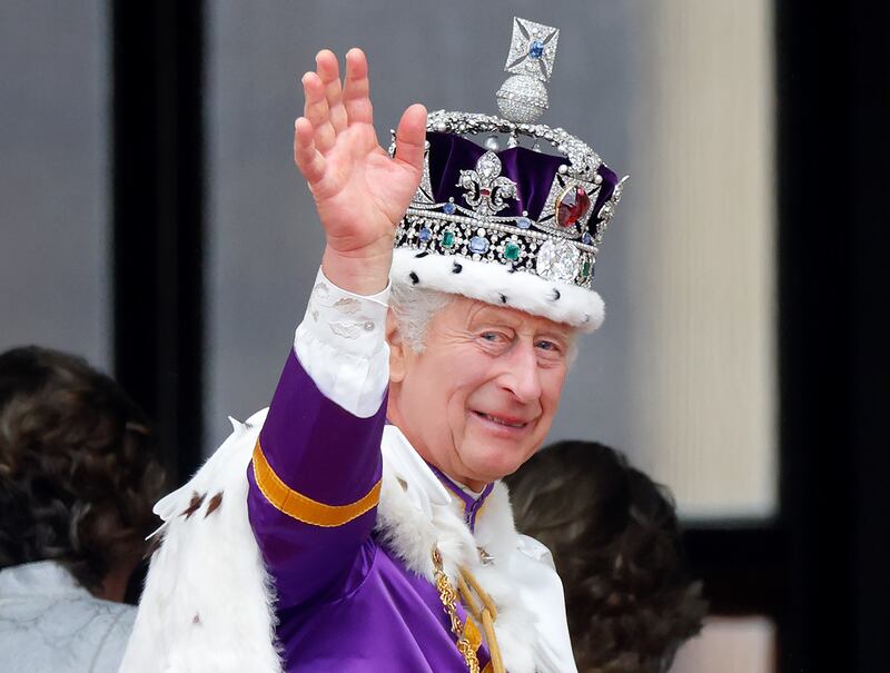 LONDON, UNITED KINGDOM - MAY 06: (EMBARGOED FOR PUBLICATION IN UK NEWSPAPERS UNTIL 24 HOURS AFTER CREATE DATE AND TIME) King Charles III watches an RAF flypast from the balcony of Buckingham Palace following his and Queen Camilla's Coronation at Westminster Abbey on May 6, 2023 in London, England. The Coronation of Charles III and his wife, Camilla, as King and Queen of the United Kingdom of Great Britain and Northern Ireland, and the other Commonwealth realms takes place at Westminster Abbey today. Charles acceded to the throne on 8 September 2022, upon the death of his mother, Elizabeth II. (Photo by Max Mumby/Indigo/Getty Images)