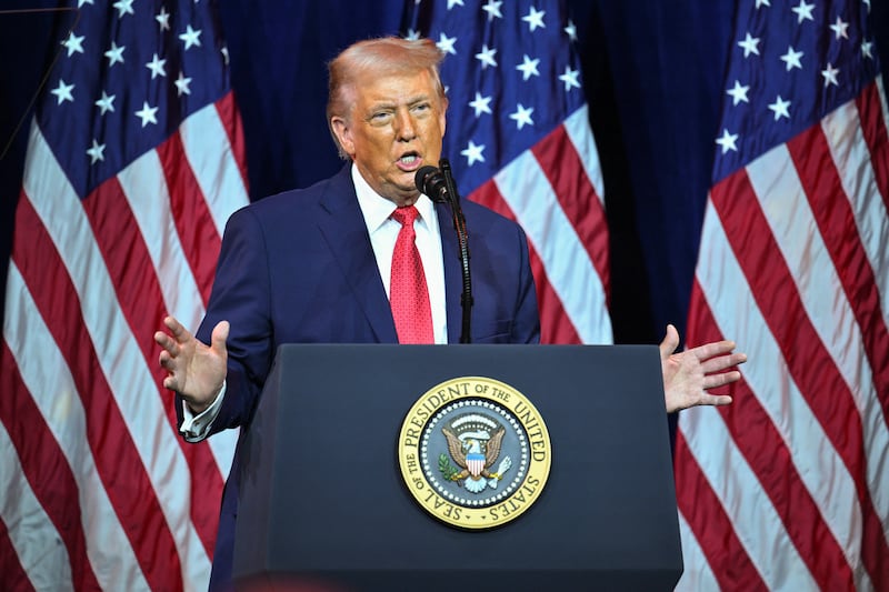 President Donald Trump speaks during the House Republican Party (GOP) member retreat at the Kennedy Center in Washington, DC, on January 6, 2026.