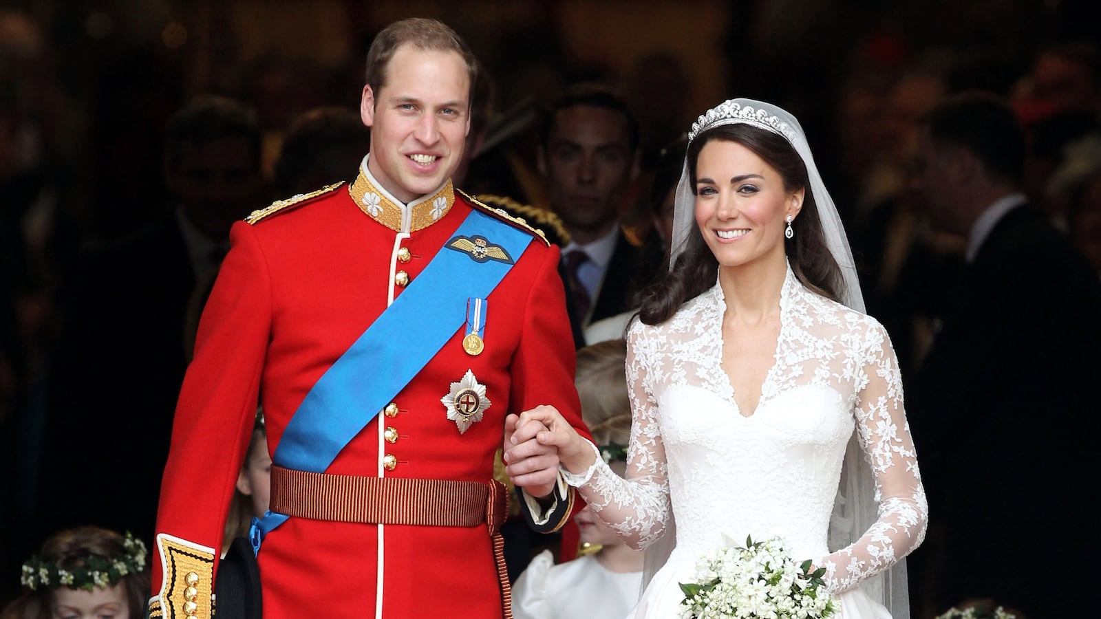 Prince William and Princess Catherine smile following their marriage at Westminster Abbey on April 29, 2011, in London, England.