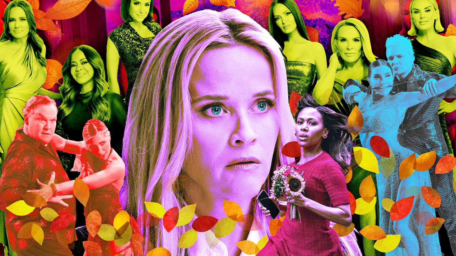 A photo illustration of scenes from The Morning Show, Real Housewives of Salt Lake City, and Dancing With the Stars.