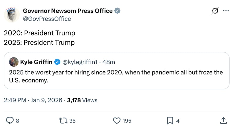 A screenshot of a post made by the Governor Newsom Press Office Account on January 9, 2025.