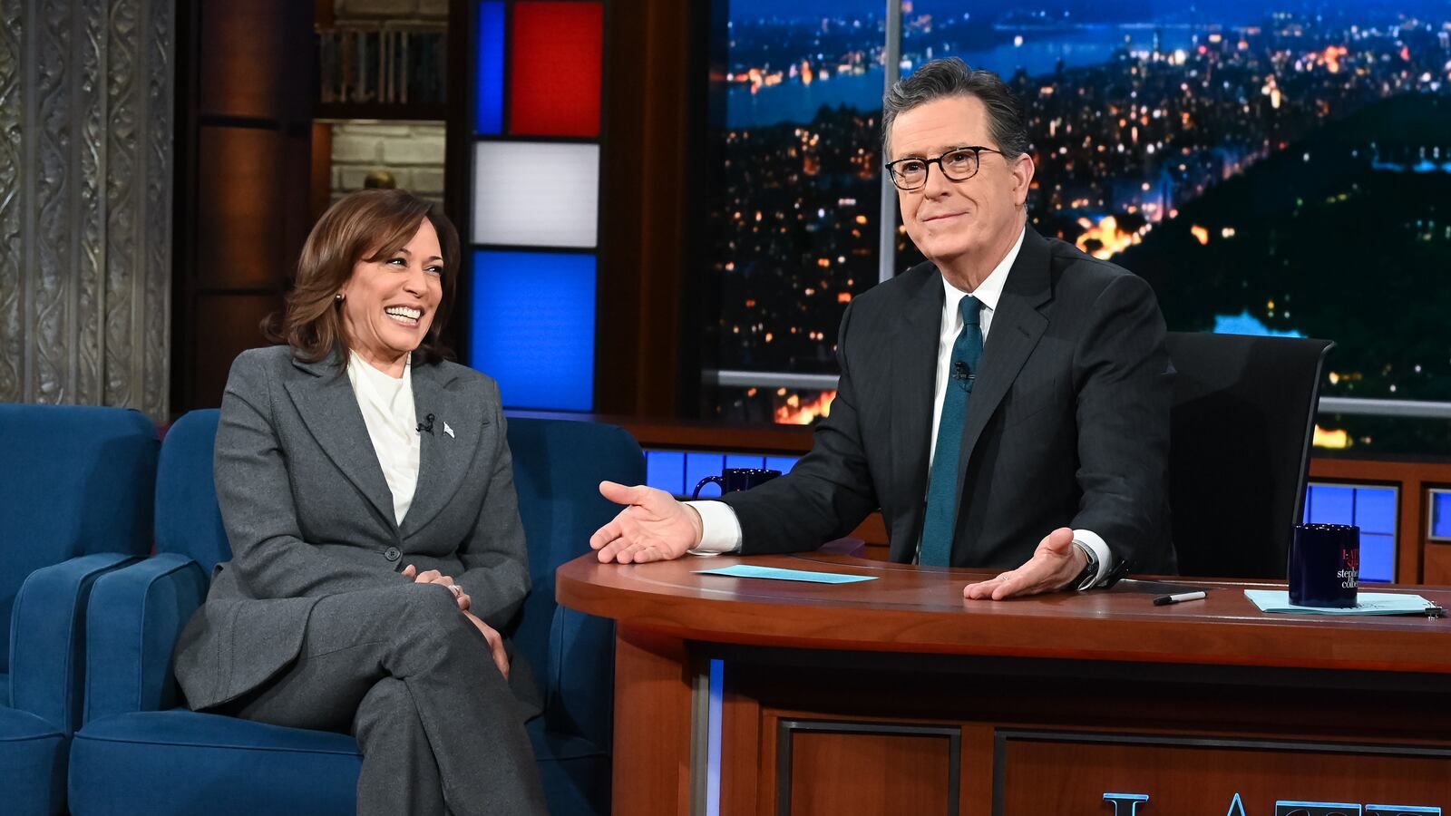 Kamala Harris and Stephen Colbert.