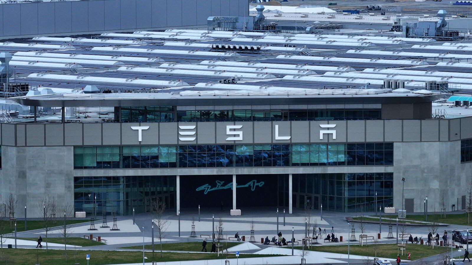 In this aerial view the Tesla Gigafactory stands during a visit by Tesla head Elon Musk on March 13, 2024 near Gruenheide, Germany.