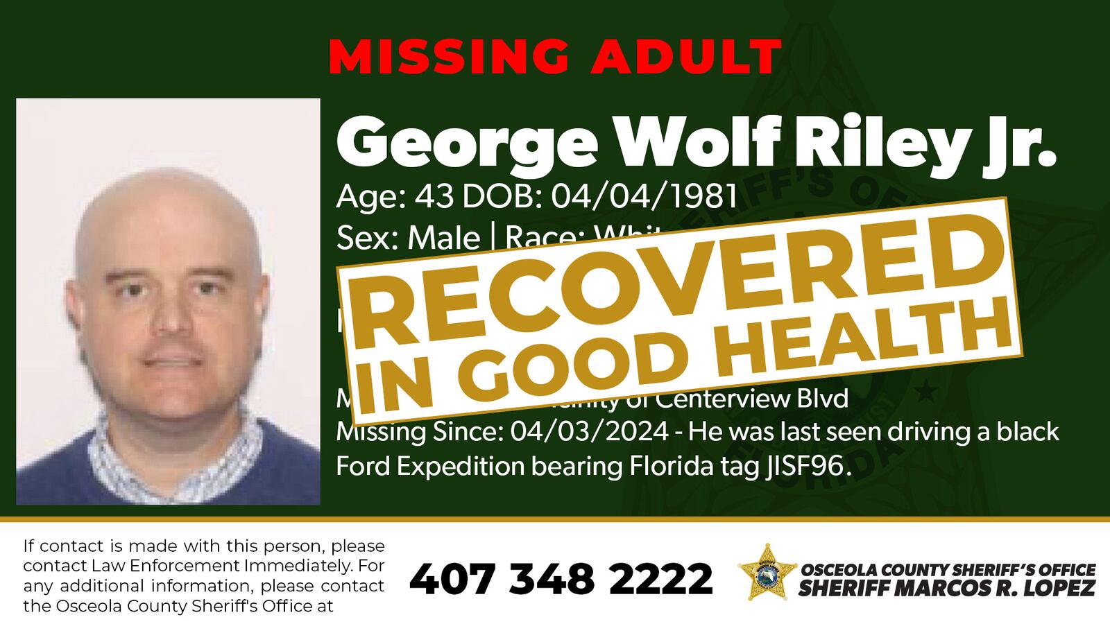 A missing poster for George Riley Jr.