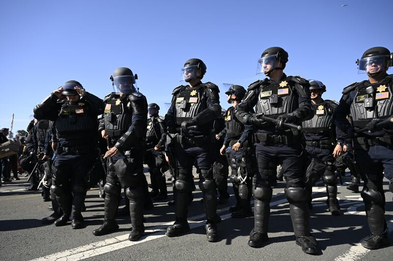 ALAMEDA, CALIFORNIA - OCTOBER 23: Hundreds of California Highway Patrol (CHP) officers showed up as anti-ICE (Immigration and Customs Enforcement) protestors block entrance to Alameda's Coast Guard Island in east of San Francisco amid federal border patrol deployment in Alameda, California, United States on October 23, 2025. (Photo by Tayfun Coskun/Anadolu via Getty Images)