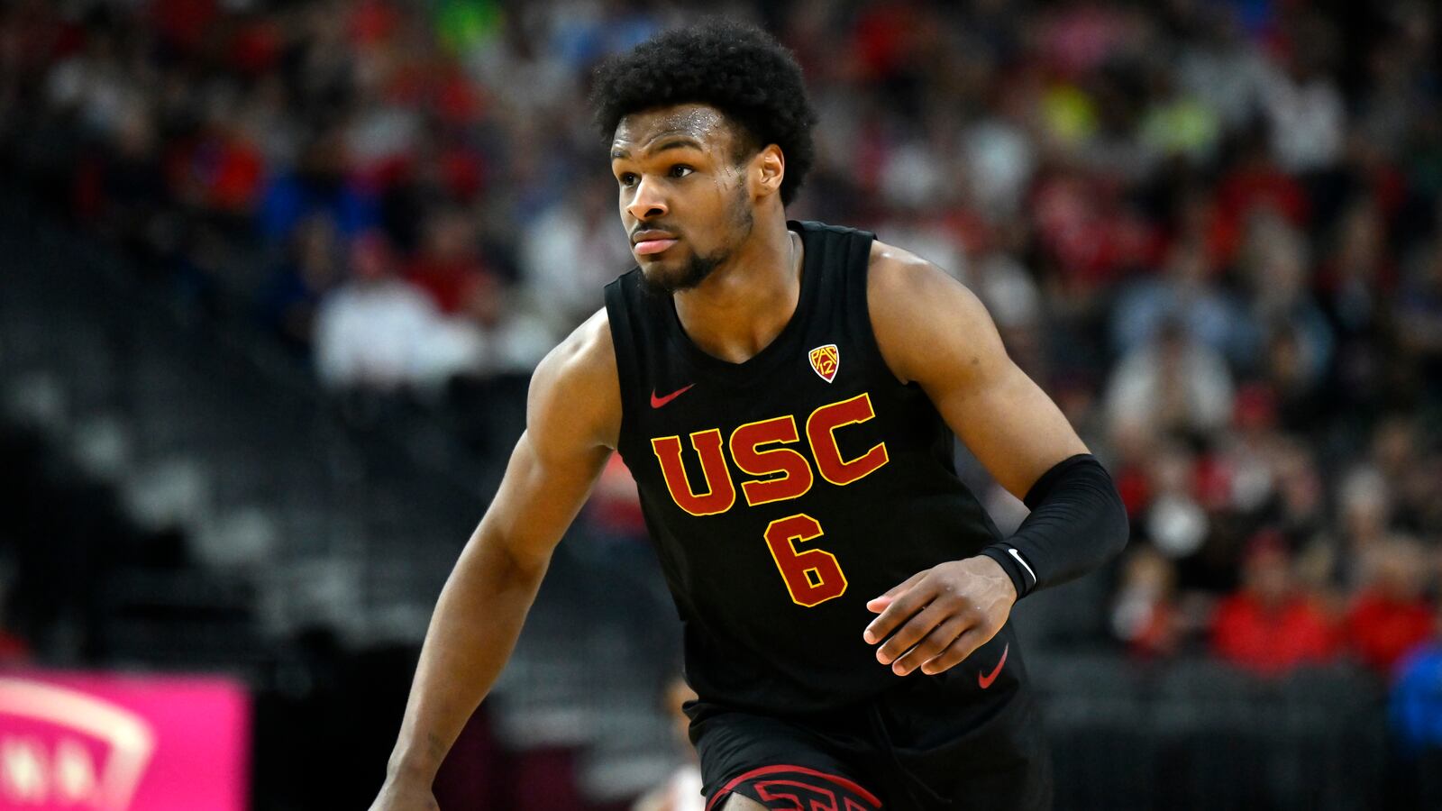 Bronny James #6 of the USC Trojans in the game against the Arizona Wildcats during the Pac-12 Conference basketball tournament at T-Mobile Arena on March 14, 2024 in Las Vegas, Nevada.
