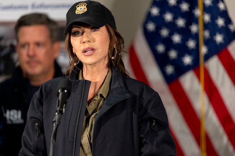 Democratic Rep. Robin Kelly announced she will introduce articles of impeachment against Secretary of Homeland Security Kristi Noem, pictured Jan. 7 at a press conference in Minneapolis, after an ICE agent shot and killed Renee Good.