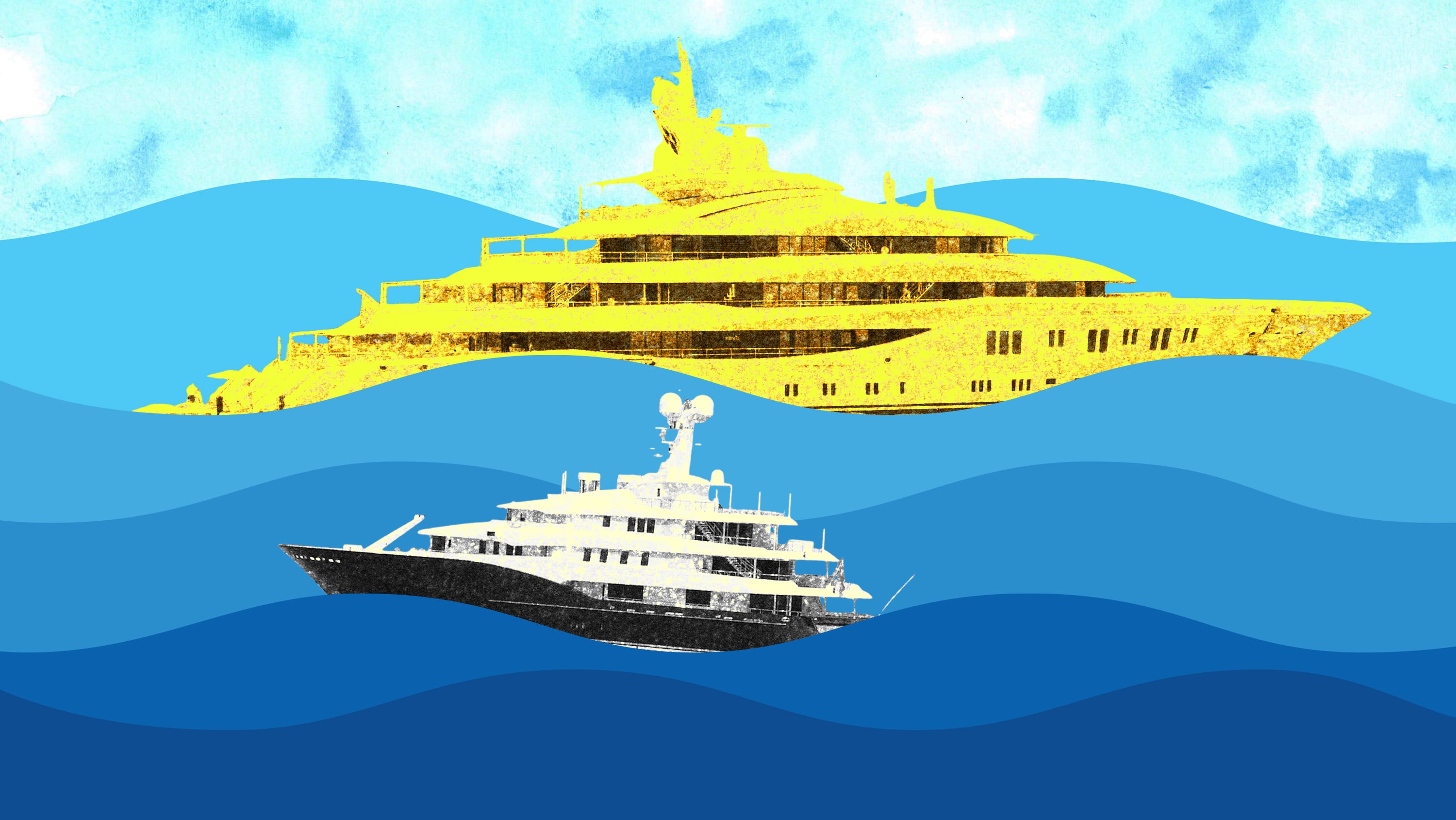 A photo illustration of a super yacht and smaller yacht in the ocean.