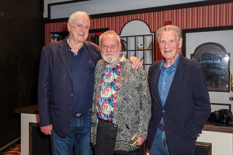 LONDON, ENGLAND - MAY 15: (L to R) John Cleese, Terry Gilliam and Michael Palin attend the press night performance of "Fawlty Towers: The Play" at The Apollo Theatre on May 15, 2024 in London, England. (Photo by Hoda Davaine/Dave Benett/Getty Images)
