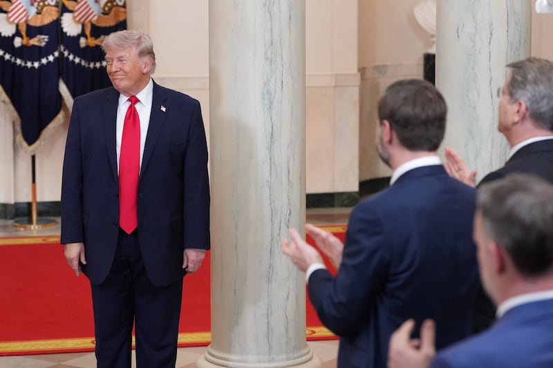 U.S. President Donald Trump reacts after delivering an address to the nation about the Iran war at the White House in Washington, D.C., U.S. April 1, 2026.