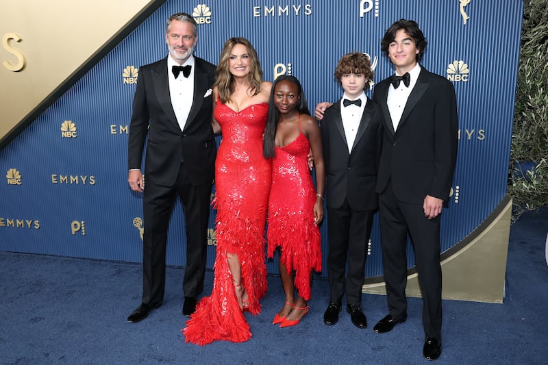 Los Angeles, CA - September 14, 2026: Peter Hermann, Mariska Hargitay, Amaya Hermann, Andrew Hermann and August Hermann walks the red carpet during the 78th Emmy Awards at the Peacock Theater in Los Angeles, CA, Monday, Sept. 14, 2026. (Allen J. Schaben / Los Angeles Times via Getty Images)