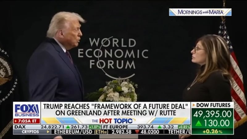 President Donald Trump speaking to Maria Bartiromo on Fox Business during the World Economic Forum in Switzerland.