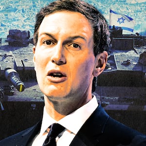 A photo illustration of Jared Kushner, Israeli military tanks, and destruction in Gaza.