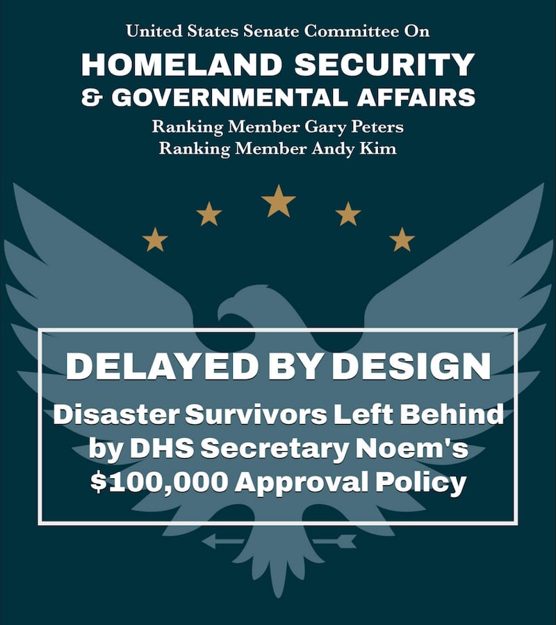 The front page of the report, which tore into Noem's micro-management of DHS funds.