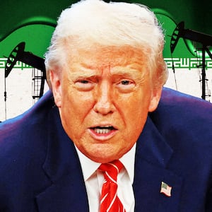 A photo illustration Trump in front of the Iranian flag and oil pumps.